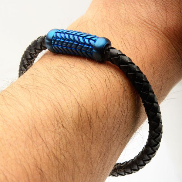 Black Leather Bracelet with Blue Plated Patterned Magnetic Center Buckle
