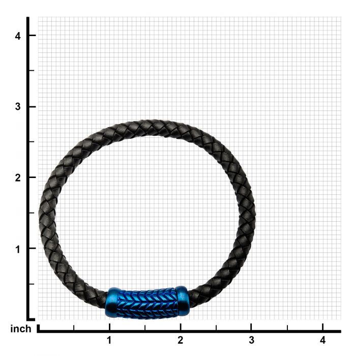 Black Leather Bracelet with Blue Plated Patterned Magnetic Center Buckle