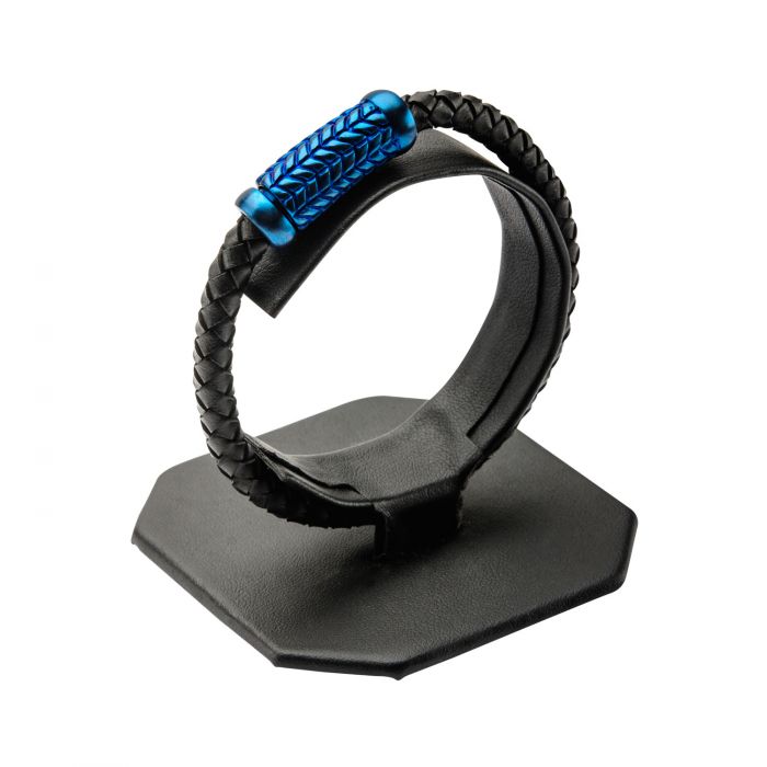Black Leather Bracelet with Blue Plated Patterned Magnetic Center Buckle