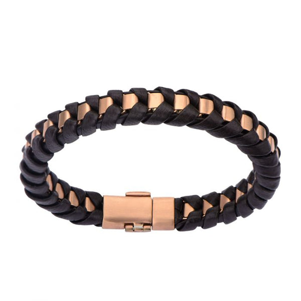 Rose Gold Plated Matte Finished with Black Leather Thread Bracelet