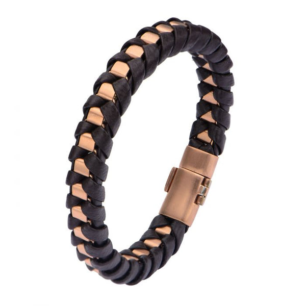 Rose Gold Plated Matte Finished with Black Leather Thread Bracelet