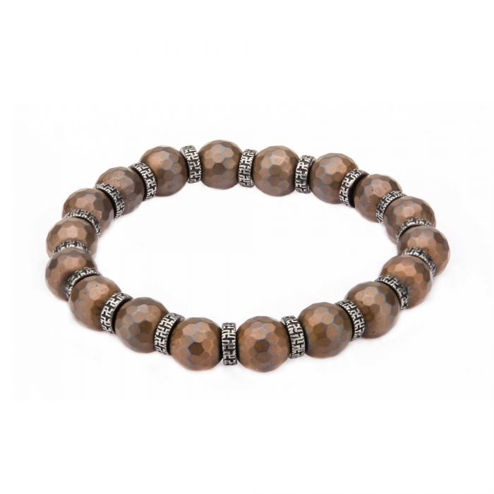 Hematite Hexagon Pattern Stone Bracelet with Antiqued Spacer and Stretch Wire