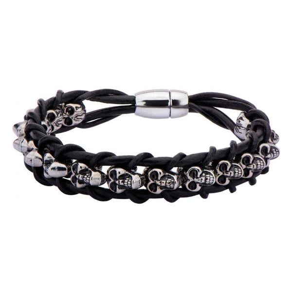 Black Leather Thread with Center Steel Skull Beads Bracelet