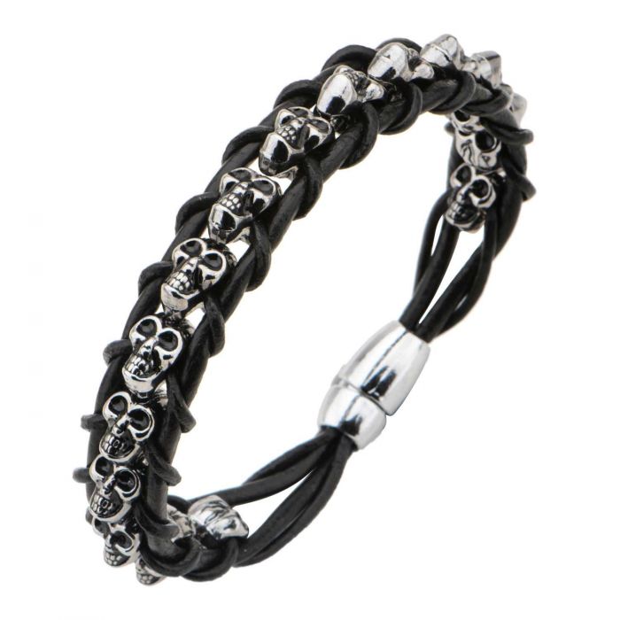 Black Leather Thread with Center Steel Skull Beads Bracelet