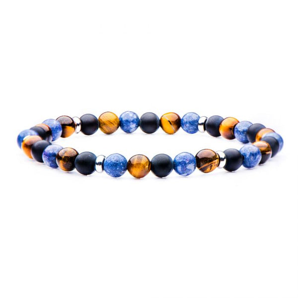 Matte Black Agate, Blue Coral, Tiger Eye, Stainless Steel Beaded Stretch Bracelet