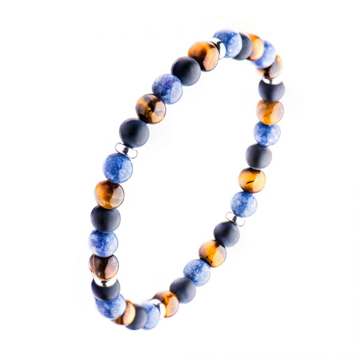 Matte Black Agate, Blue Coral, Tiger Eye, Stainless Steel Beaded Stretch Bracelet