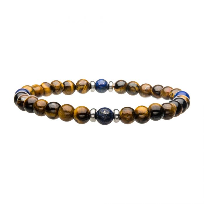 Natural Stone, Blue Coral, Tiger Eye, Stainless Steel Beaded Stretch Bracelet.