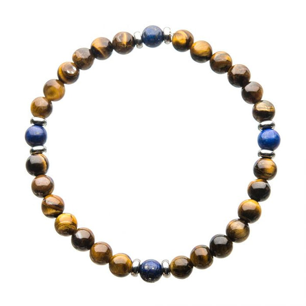 Natural Stone, Blue Coral, Tiger Eye, Stainless Steel Beaded Stretch Bracelet.