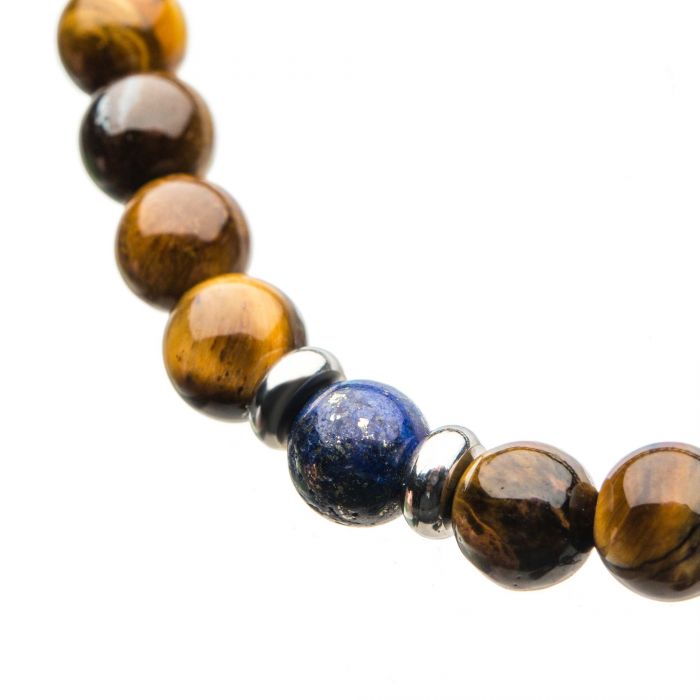 Natural Stone, Blue Coral, Tiger Eye, Stainless Steel Beaded Stretch Bracelet.