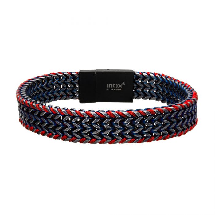 Stainless Steel American Flag Antique Blue with Red Cord Link Bracelet