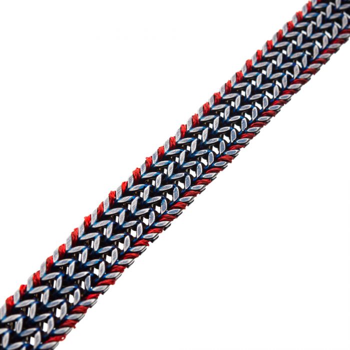 Stainless Steel American Flag Antique Blue with Red Cord Link Bracelet