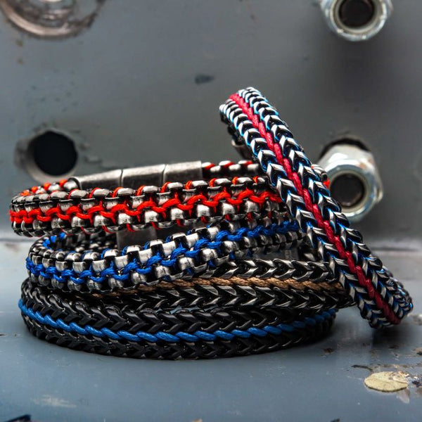 Allegiance Stainless Steel Bracelets with Red Wax Cord binding 2 Blue Antique Brushed Foxtail Links