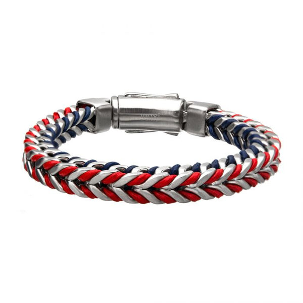 Stainless Steel American Flag Matte with Blue and Red Leather Bracelet