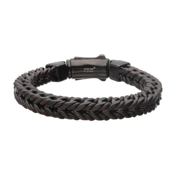 Brown Leather Binding Steel Matte Black Chain Bracelet
