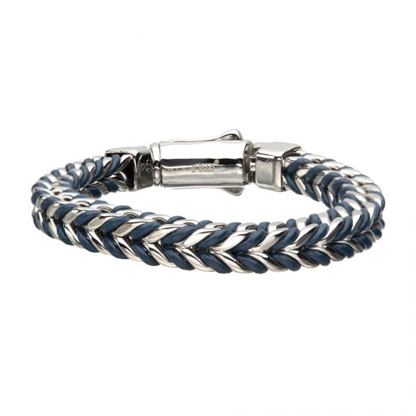 Blue Leather Binding Steel Chain Bracelet
