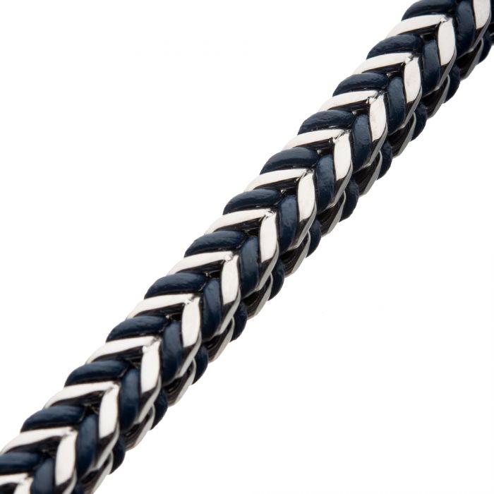 Blue Leather Binding Steel Chain Bracelet