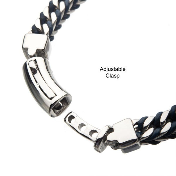 Blue Leather Binding Steel Chain Bracelet