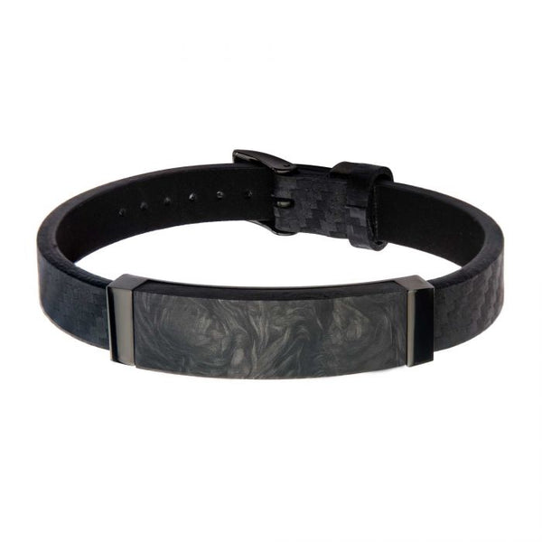 Black Leather and Solid Carbon Graphite Bracelet with Belt Buckle Clasp