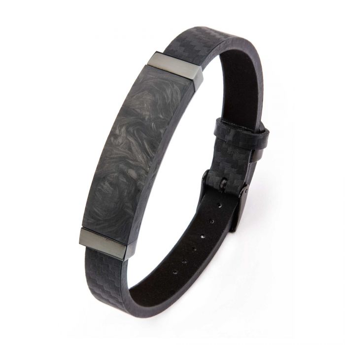 Black Leather and Solid Carbon Graphite Bracelet with Belt Buckle Clasp