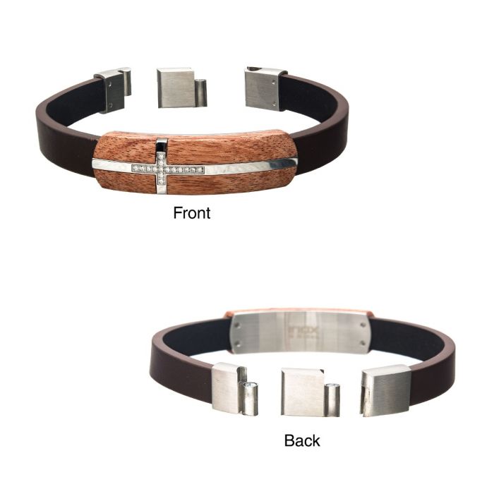 Bubinga Wood, Genuine Leather & Steel Cross Bracelet with 15pcs 1mm Genuine Clear Diamonds