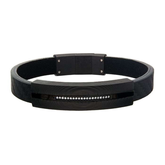 Solid Carbon Leather Bracelet_x000D_ with 20pcs 1mm Genuine Clear Diamonds