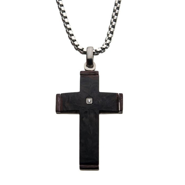 Solid Carbon Cross Pendant_x000D_ with 1.5mm Genuine Clear Diamond