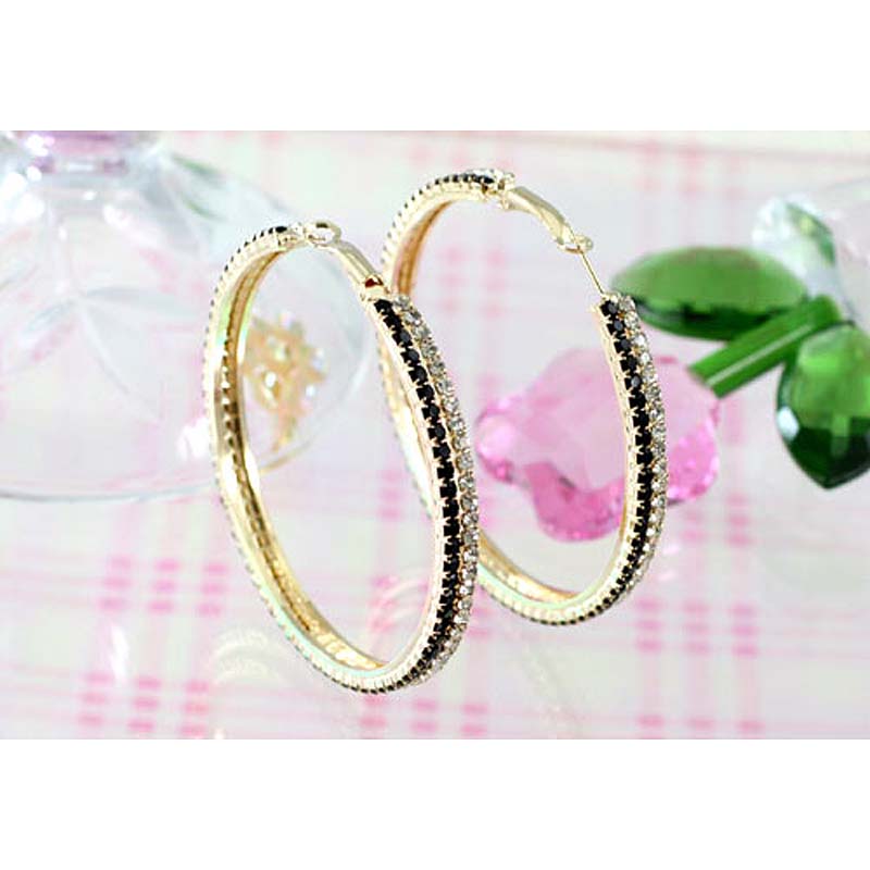 2.5" Clear Black Crystal Rhinestone Gold Hoop Earrings XE1046