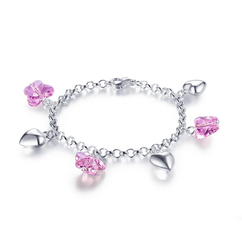 Solid 925 Sterling Silver Pink Butterfly Hearts Bracelet Baby Kids Girl Gift Chi