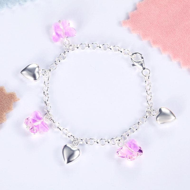 Solid 925 Sterling Silver Pink Butterfly Hearts Bracelet Baby Kids Girl Gift Chi
