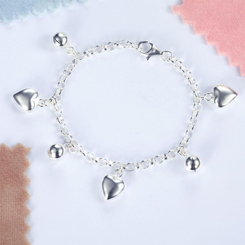Solid 925 Sterling Silver Dangle Hearts Bracelet Baby Kids Girl Gift Children Je