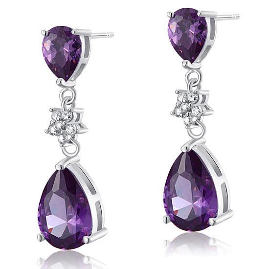 3.5 Carat Purple Pear Cut Created Sapphire 925 Sterling Silver Dangle Earrings X