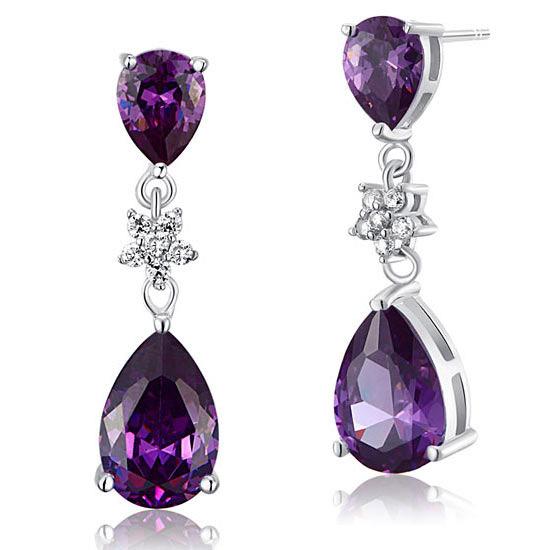 3.5 Carat Purple Pear Cut Created Sapphire 925 Sterling Silver Dangle Earrings X