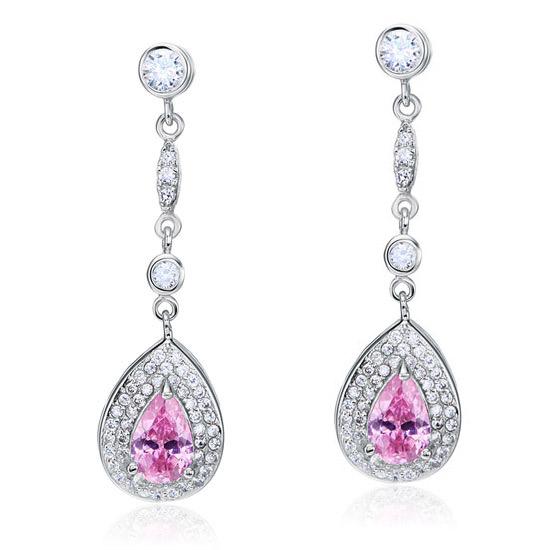 1.5 Carat Pear Cut Pink Created Sapphire 925 Sterling Silver Dangle Earrings XFE