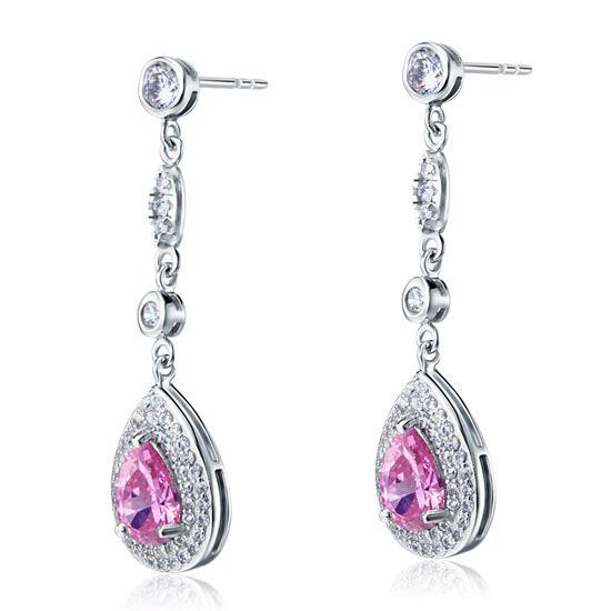1.5 Carat Pear Cut Pink Created Sapphire 925 Sterling Silver Dangle Earrings XFE