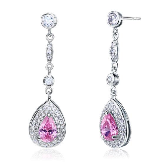 1.5 Carat Pear Cut Pink Created Sapphire 925 Sterling Silver Dangle Earrings XFE