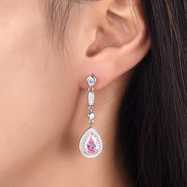 1.5 Carat Pear Cut Pink Created Sapphire 925 Sterling Silver Dangle Earrings XFE