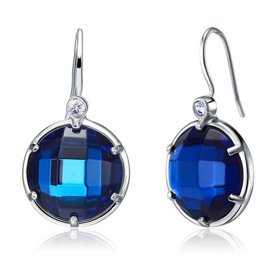 Navy Blue Created Topaz Dangle Sterling 925 Silver Bridal Earrings XFE8058