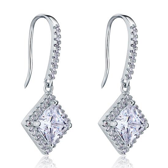 3 Carat Created Princess Cut Diamond Dangle Drop Sterling 925 Silver Earrings XF