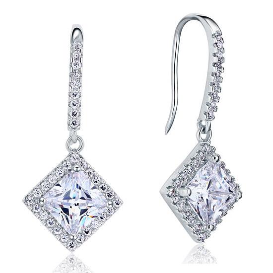 3 Carat Created Princess Cut Diamond Dangle Drop Sterling 925 Silver Earrings XF