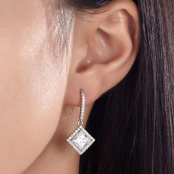 3 Carat Created Princess Cut Diamond Dangle Drop Sterling 925 Silver Earrings XF