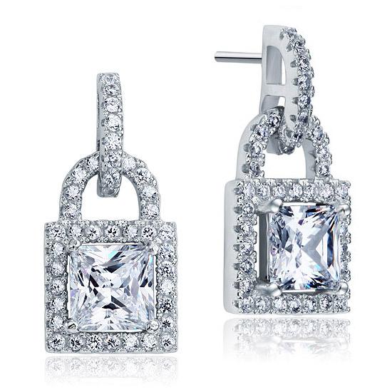 Created Diamond Dangle Drop Key Lock Sterling 925 Silver Earrings XFE8080