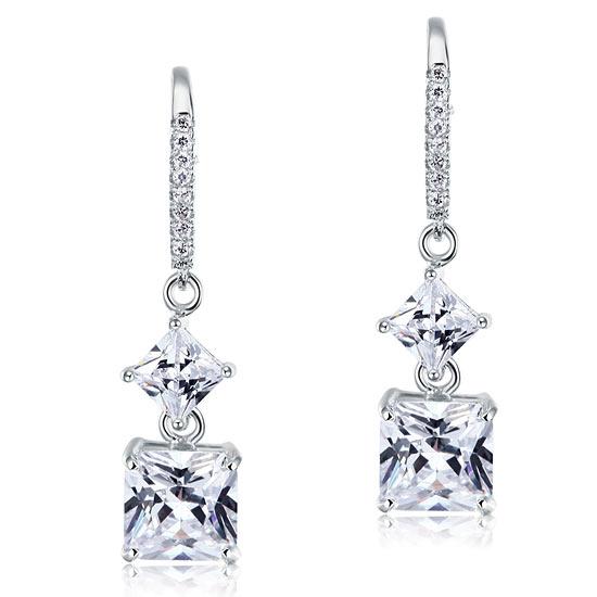 2 Carat Princess Cut Created Diamond Dangle Drop 925 Sterling Silver Earrings XF