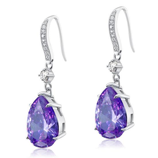Purple Pear Created Sapphire 925 Sterling Silver Dangle Hook Earrings XFE8111