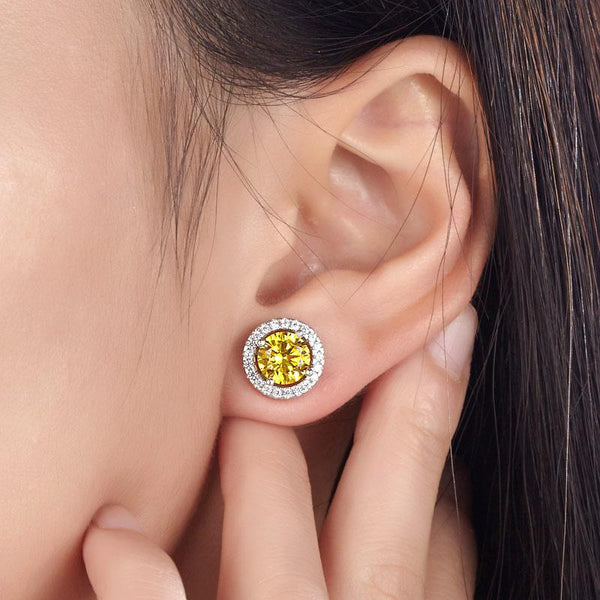 2.5 Carat Round Fancy Yellow Halo (Removable) Stud 925 Sterling Silver Earrings