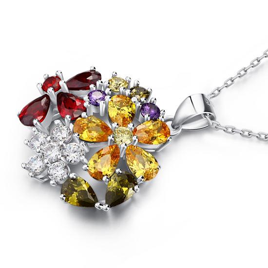3.5 Carat Multi-Color Created Topaz Flower 925 Sterling Silver Pendant Necklace