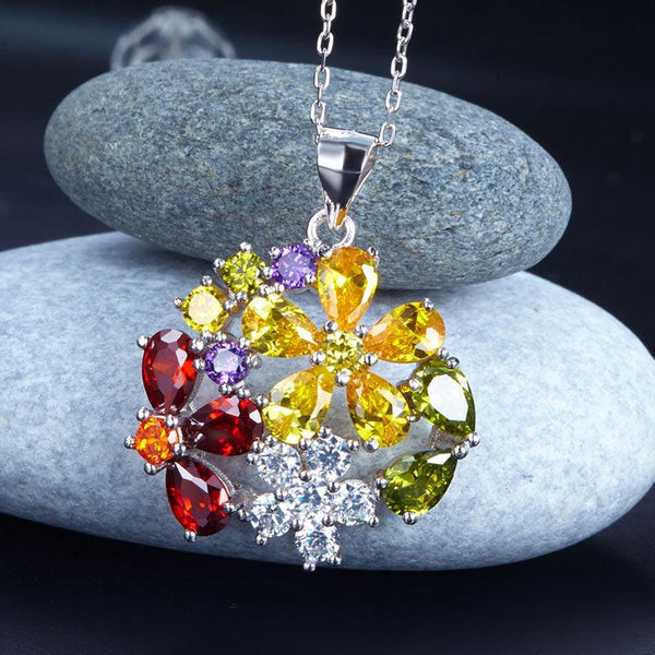 3.5 Carat Multi-Color Created Topaz Flower 925 Sterling Silver Pendant Necklace