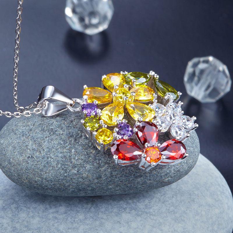 3.5 Carat Multi-Color Created Topaz Flower 925 Sterling Silver Pendant Necklace