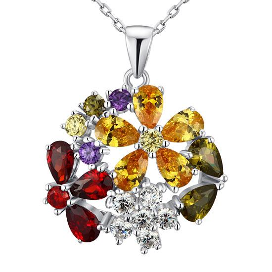 3.5 Carat Multi-Color Created Topaz Flower 925 Sterling Silver Pendant Necklace