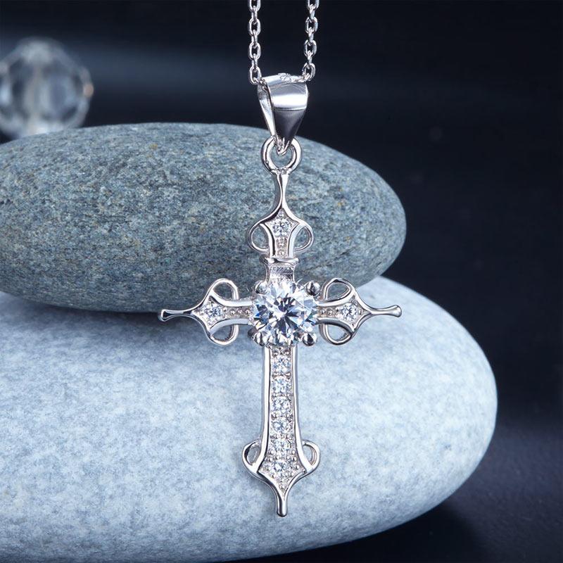 925 Sterling Silver Cross Pendant Necklace Round Cut Created Diamond Jewelry XFN
