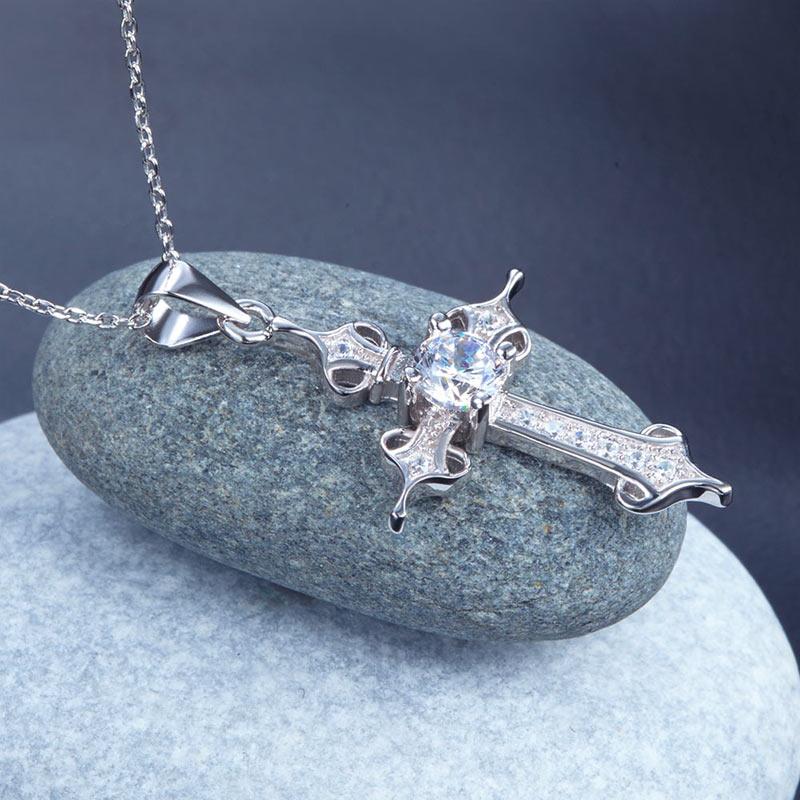 925 Sterling Silver Cross Pendant Necklace Round Cut Created Diamond Jewelry XFN